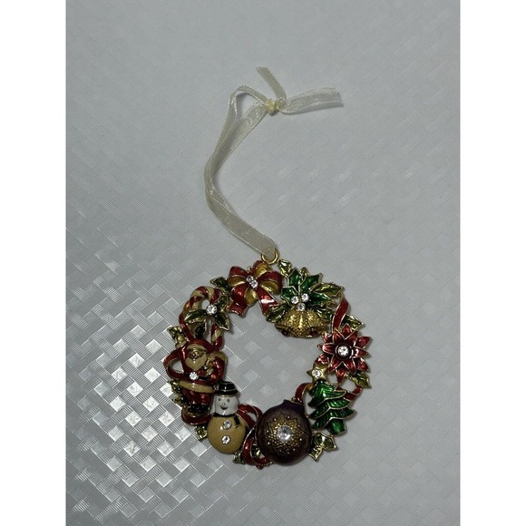 Gold Tone Metal Wreath Ornament Red Green Santa Snowman Bells Holly Ribbon - Picture 2 of 10